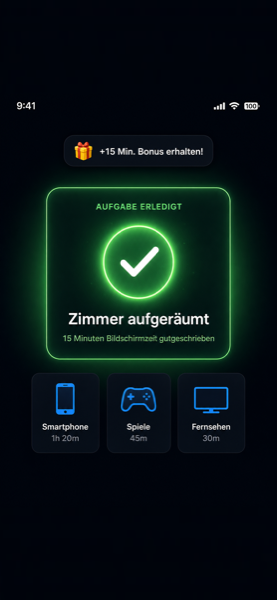 Erfolgsbildschirm: Aufgabe erledigt, Bildschirmzeit gutgeschrieben