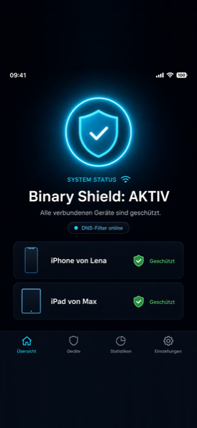 Status-Übersicht: Binary Shield aktiv, alle Geräte geschützt